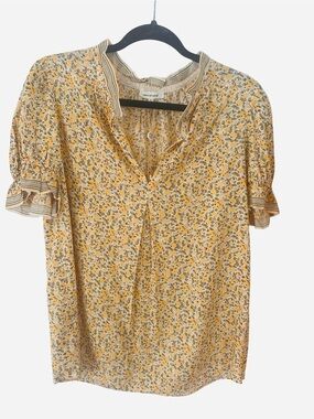 Max Studio Yellow Floral V-Neck Button Blouse